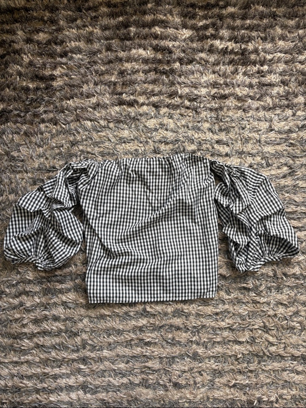 New Style Envy Black and White Gingham Off-Shoulder Puff Sleeve Cotton Top S